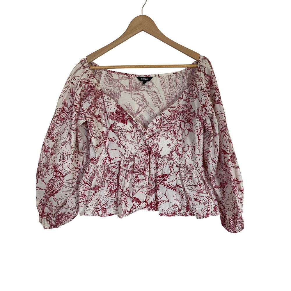 Express Womens Red White Tropical Toile Cotton Peplum Balloon‎ Sleeve Top Medium